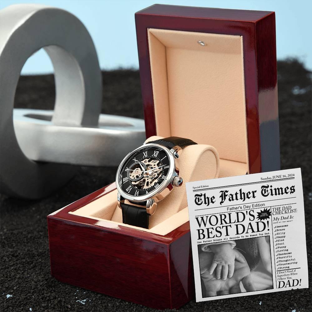 Dad Gift - Headline on The Father Times - World's Best Dad Men's Openwork Watch with Gift Box