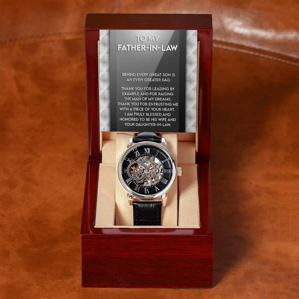 To My Father-in-Law Behind every Great Son is an Even Greater Dad Men's Openwork Watch with Gift Box