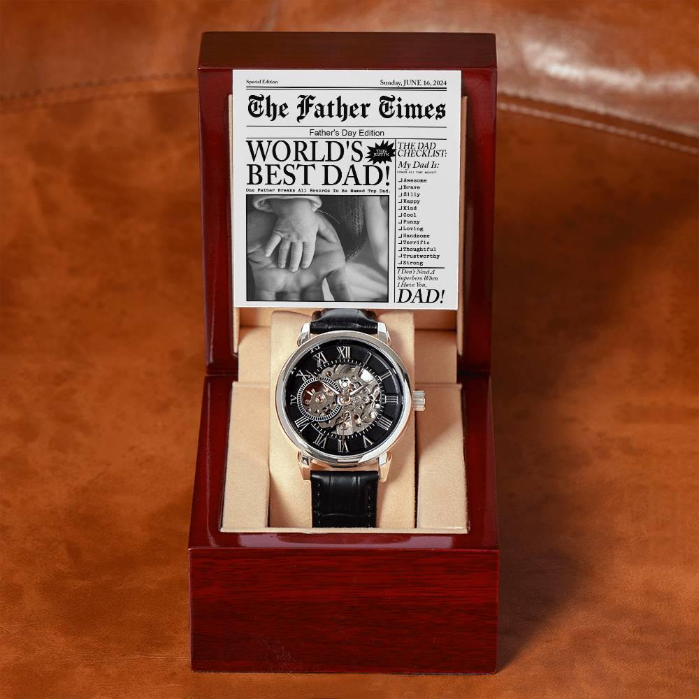 Dad Gift - Headline on The Father Times - World's Best Dad Men's Openwork Watch with Gift Box