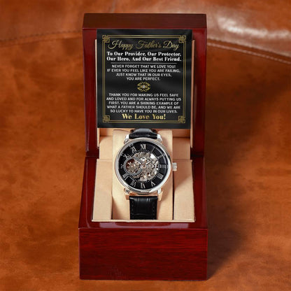 Dad Gift -Our Provider, Protector, Hero, Best Friend Men's Openwork Watch with Gift Box