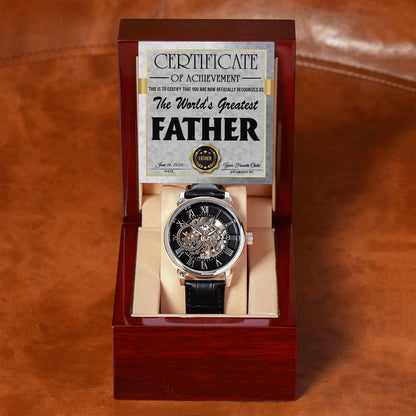 Dad Certificate of Achievement for the World's Greatest Father Men's Openwork Watch with Gift Box