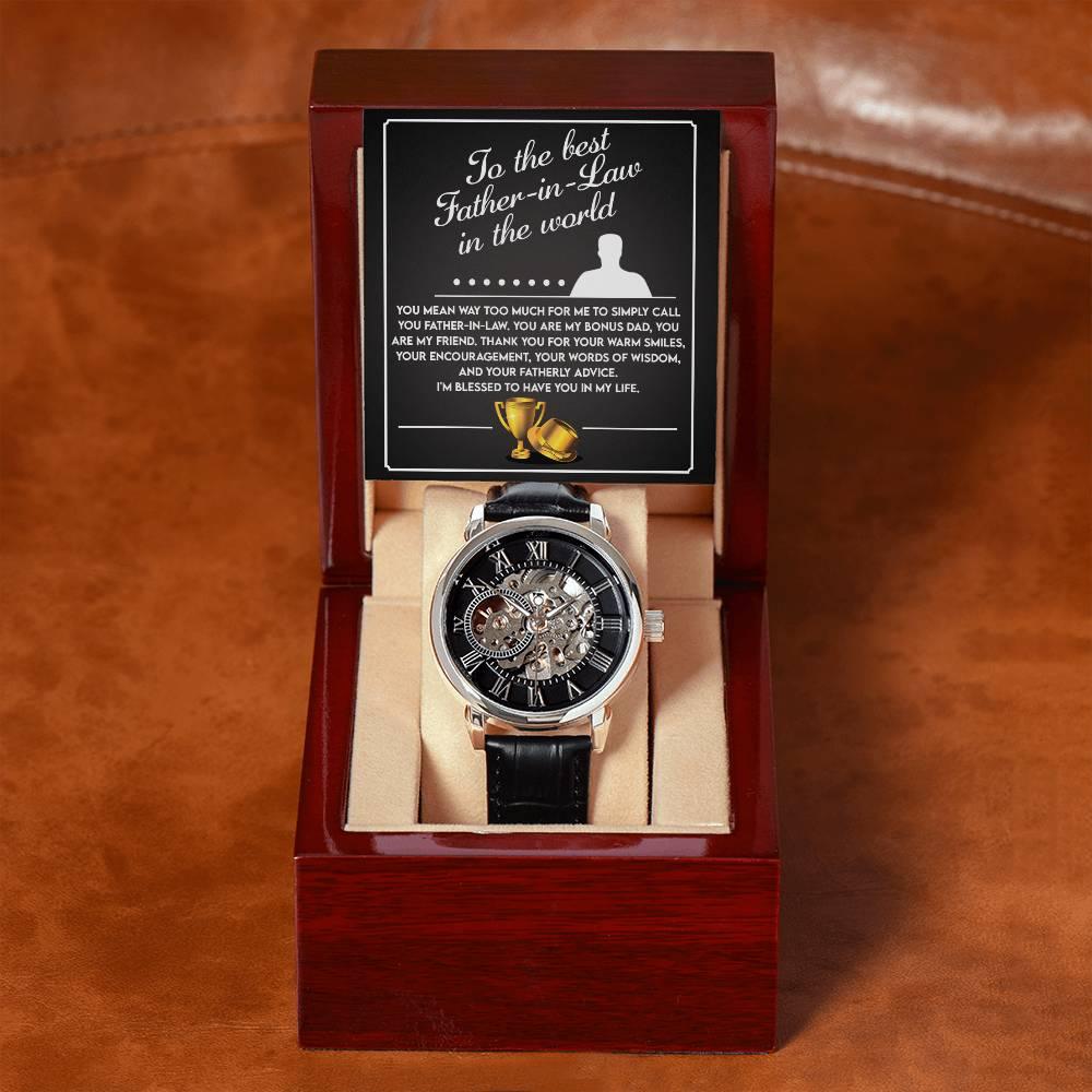 To the Best Father-In-Law My Bonus Dad, My Best Friend Men's Openwork Watch with Gift Box