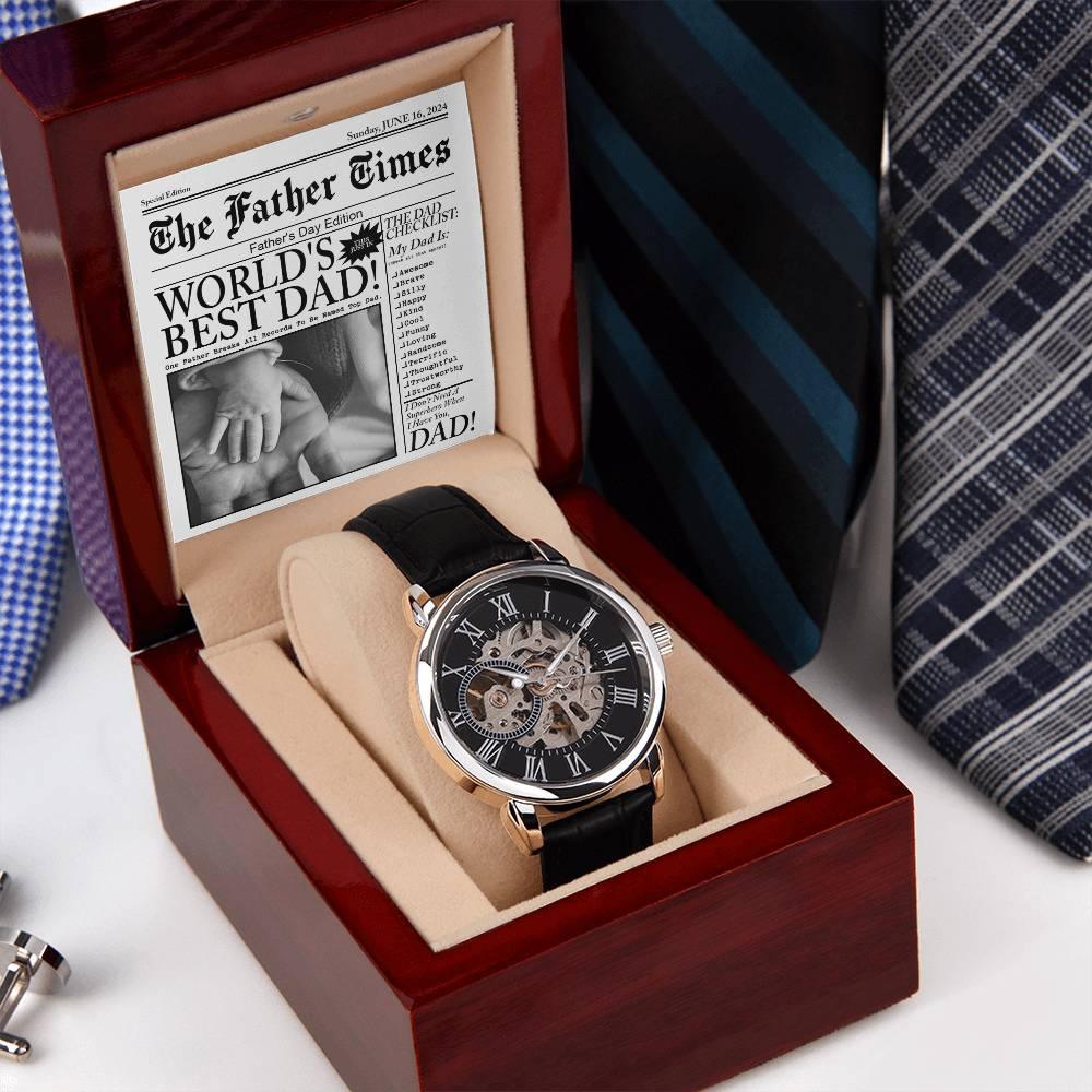 Dad Gift - Headline on The Father Times - World's Best Dad Men's Openwork Watch with Gift Box