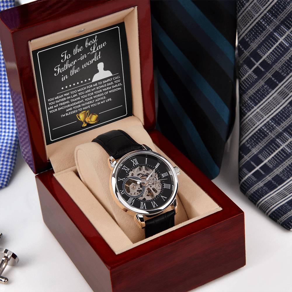 To the Best Father-In-Law My Bonus Dad, My Best Friend Men's Openwork Watch with Gift Box