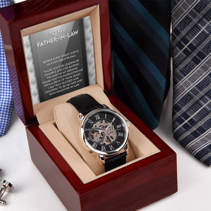 To My Father-in-Law Behind every Great Son is an Even Greater Dad Men's Openwork Watch with Gift Box