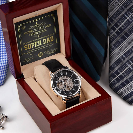 Dad Gift -Super Dad Certificate Men's Openwork Watch with Gift Box