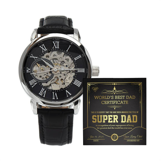 Dad Gift -Super Dad Certificate Men's Openwork Watch with Gift Box