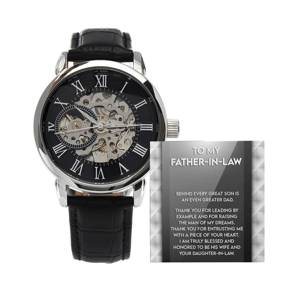 To My Father-in-Law Behind every Great Son is an Even Greater Dad Men's Openwork Watch with Gift Box