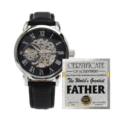 Dad Certificate of Achievement for the World's Greatest Father Men's Openwork Watch with Gift Box