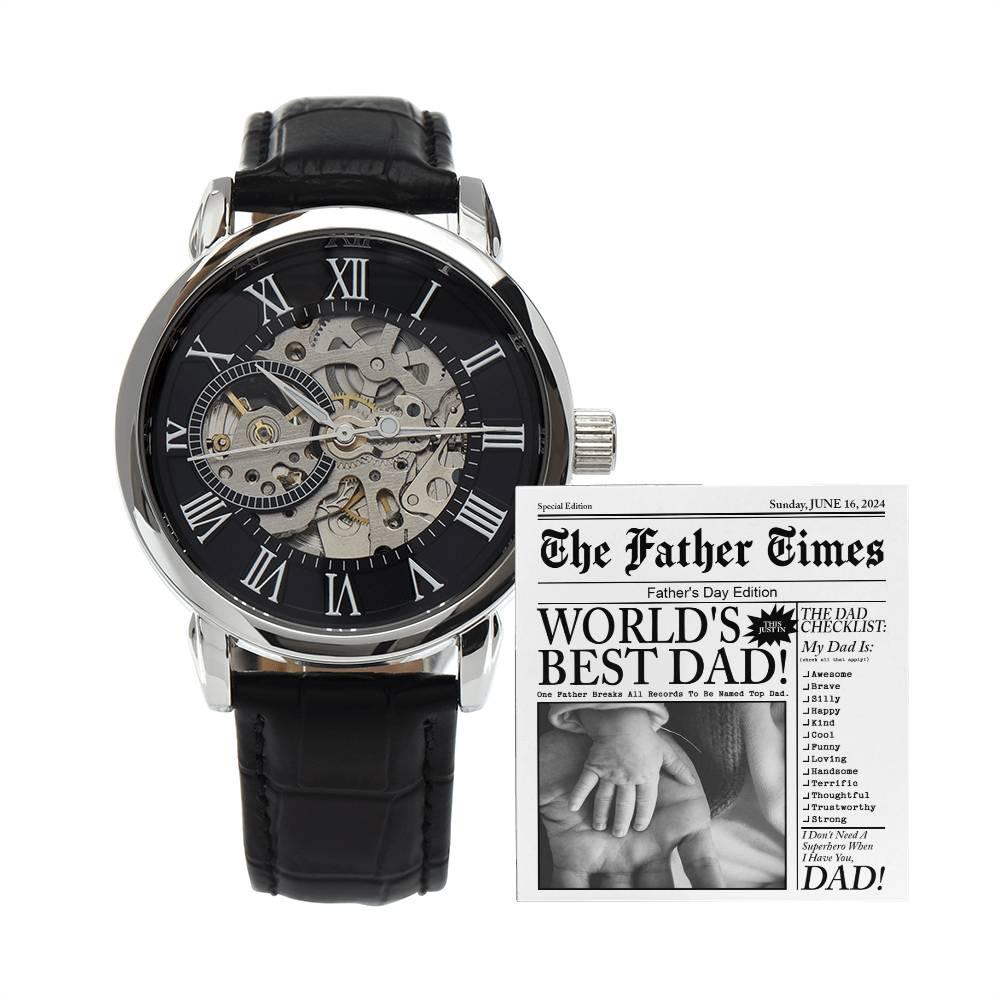 Dad Gift - Headline on The Father Times - World's Best Dad Men's Openwork Watch with Gift Box