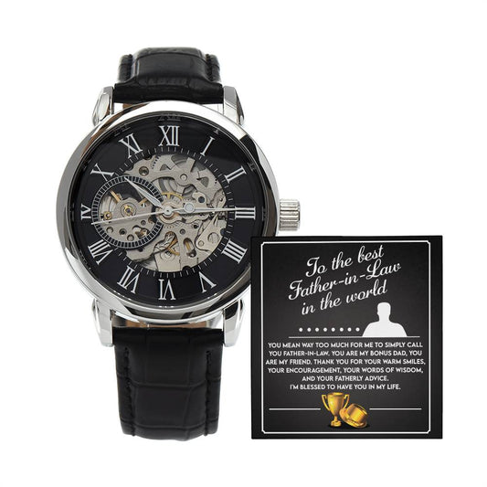 To the Best Father-In-Law My Bonus Dad, My Best Friend Men's Openwork Watch with Gift Box