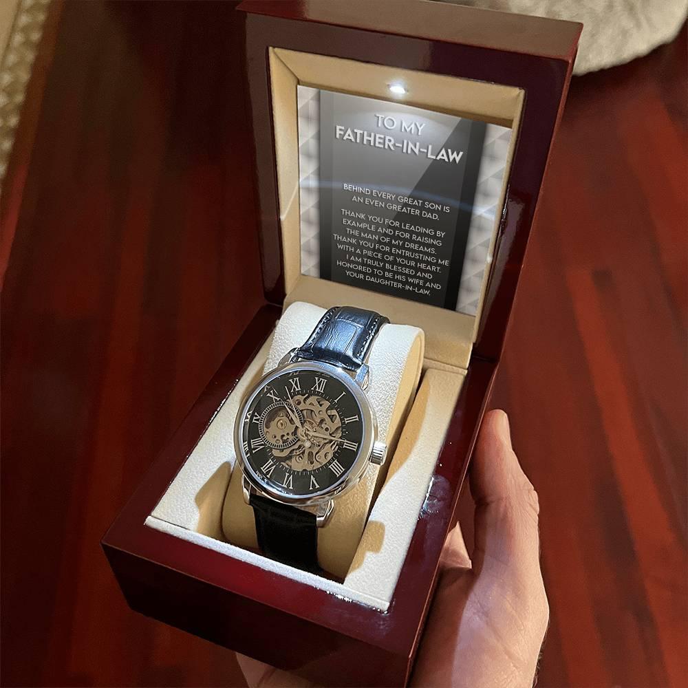 To My Father-in-Law Behind every Great Son is an Even Greater Dad Men's Openwork Watch with Gift Box