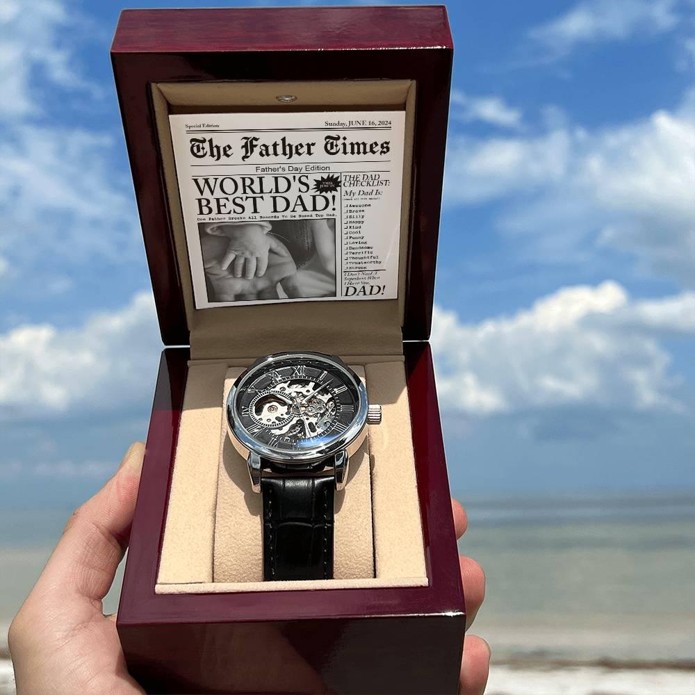 Dad Gift - Headline on The Father Times - World's Best Dad Men's Openwork Watch with Gift Box