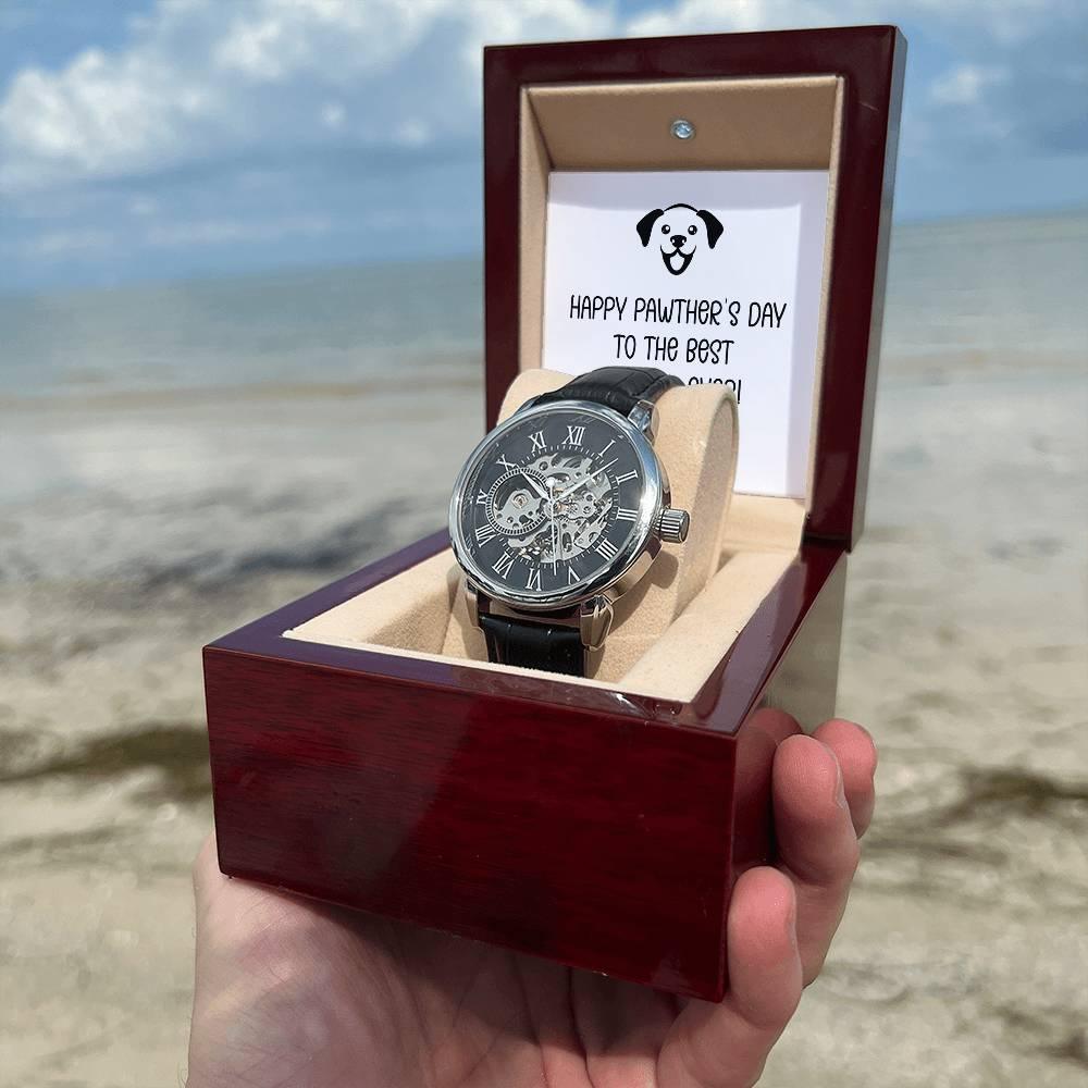 Dad Gift -Happy Pawther’s Day to the Best Dog Dad Men's Openwork Watch with Gift Box