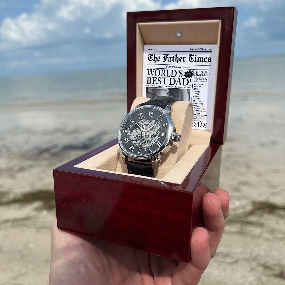 Dad Gift - Headline on The Father Times - World's Best Dad Men's Openwork Watch with Gift Box