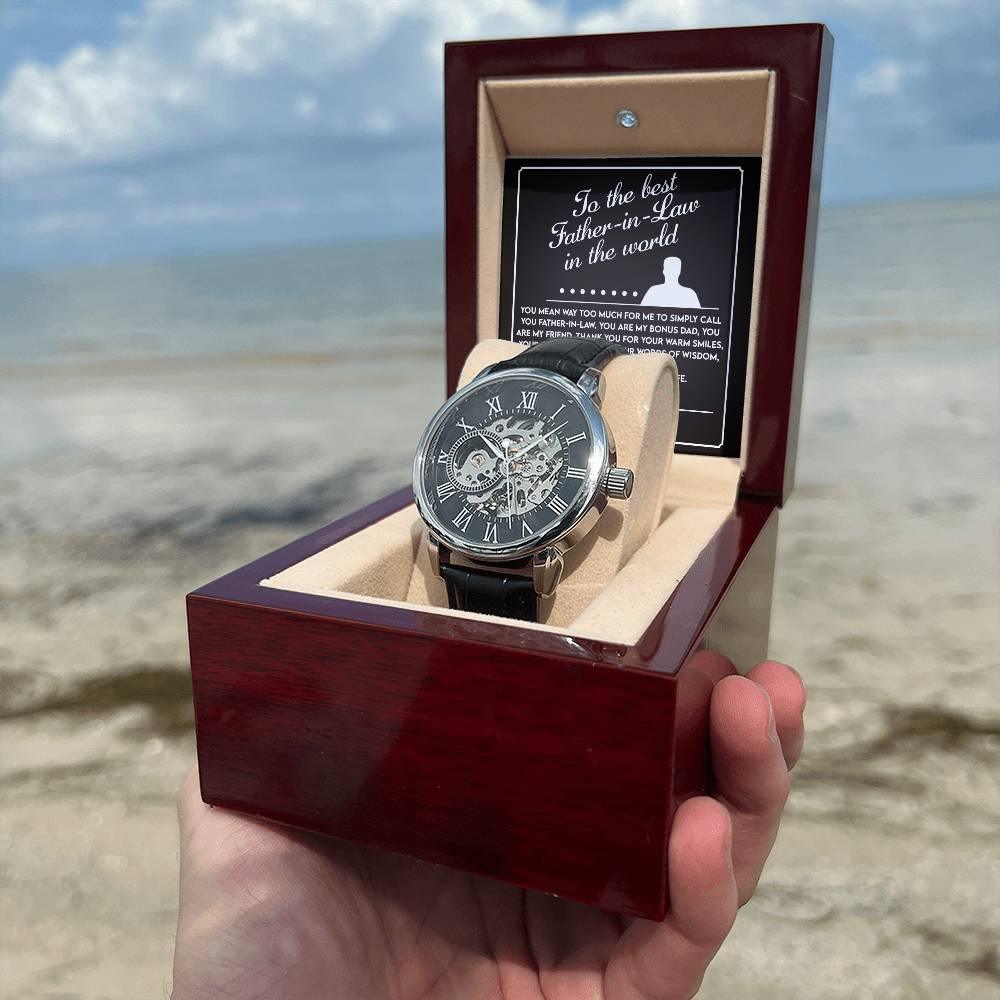 To the Best Father-In-Law My Bonus Dad, My Best Friend Men's Openwork Watch with Gift Box