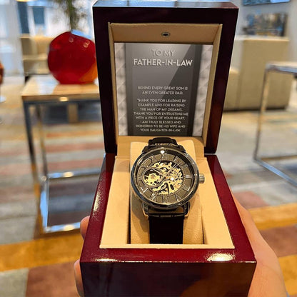 To My Father-in-Law Behind every Great Son is an Even Greater Dad Men's Openwork Watch with Gift Box