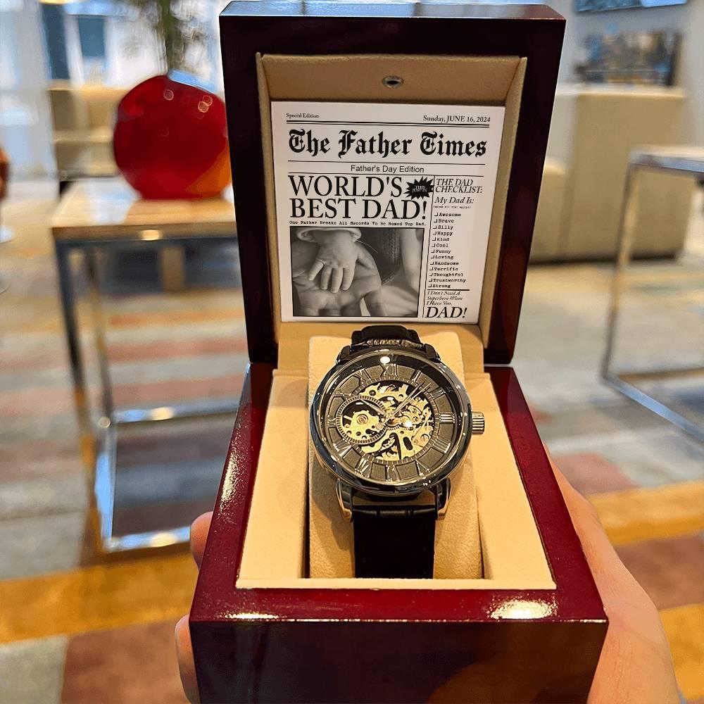 Dad Gift - Headline on The Father Times - World's Best Dad Men's Openwork Watch with Gift Box