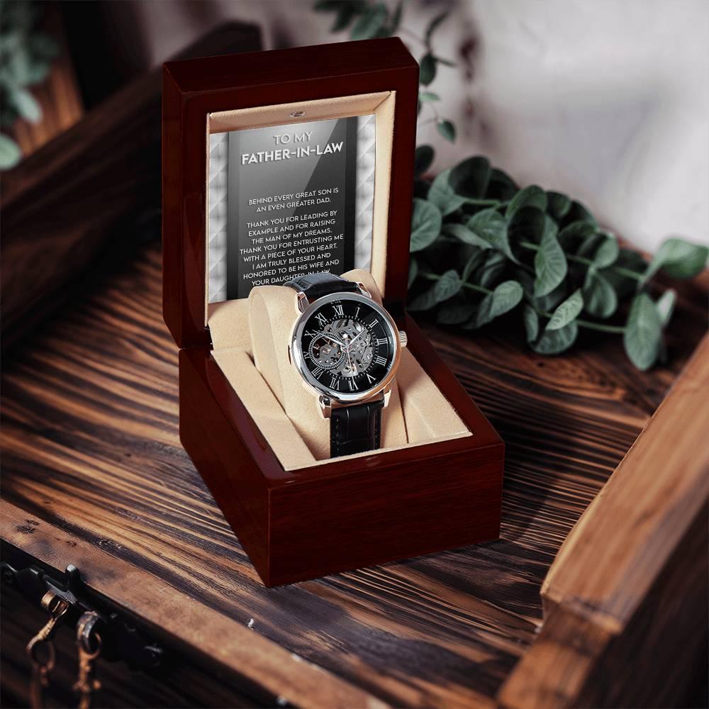 To My Father-in-Law Behind every Great Son is an Even Greater Dad Men's Openwork Watch with Gift Box