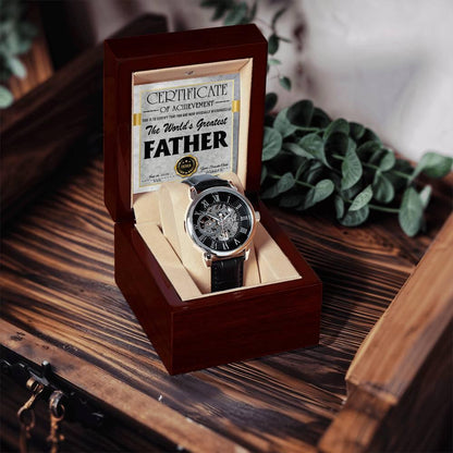 Dad Certificate of Achievement for the World's Greatest Father Men's Openwork Watch with Gift Box