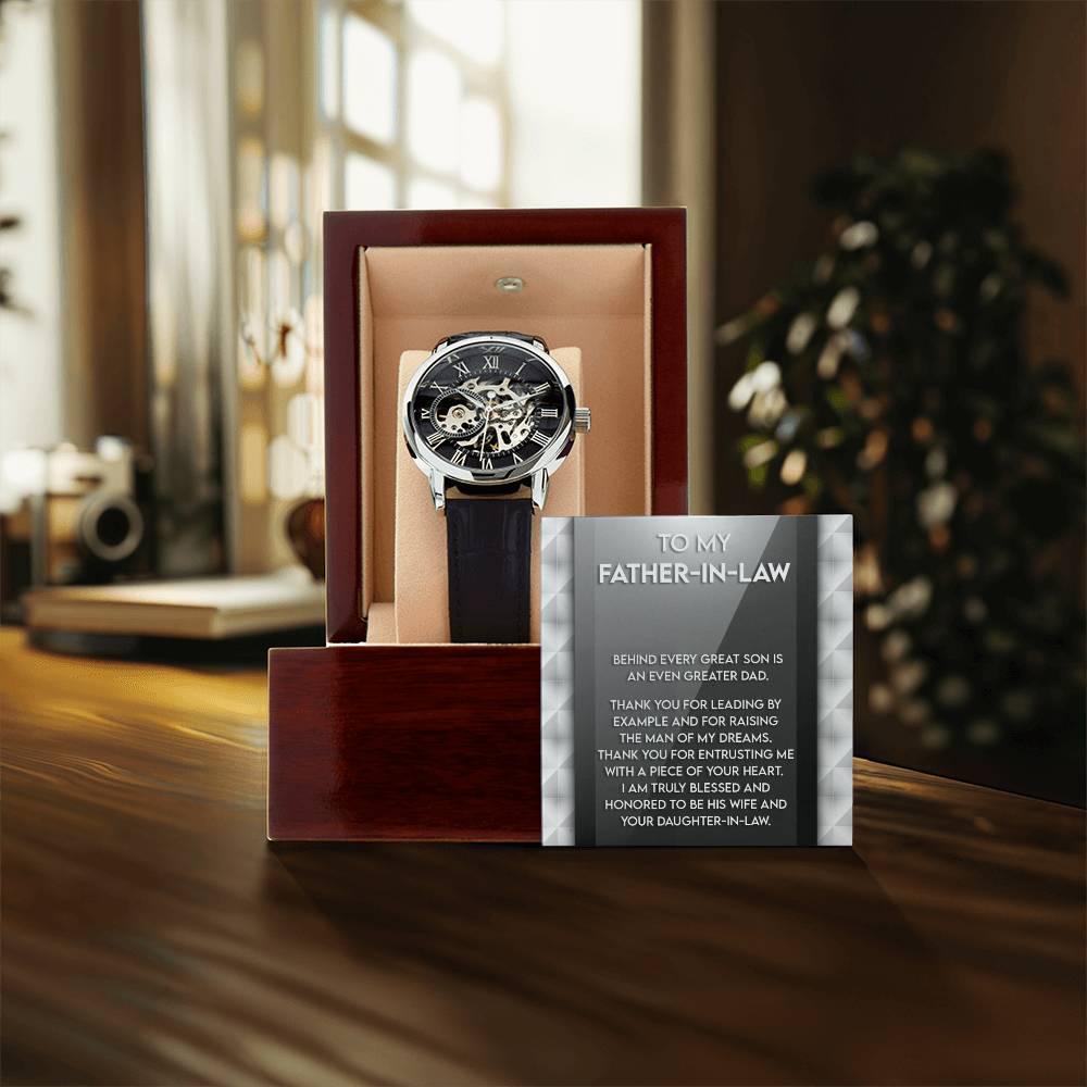 To My Father-in-Law Behind every Great Son is an Even Greater Dad Men's Openwork Watch with Gift Box