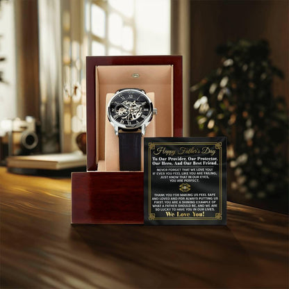 Dad Gift -Our Provider, Protector, Hero, Best Friend Men's Openwork Watch with Gift Box