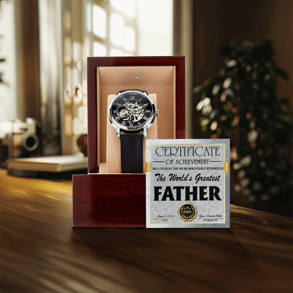 Dad Certificate of Achievement for the World's Greatest Father Men's Openwork Watch with Gift Box