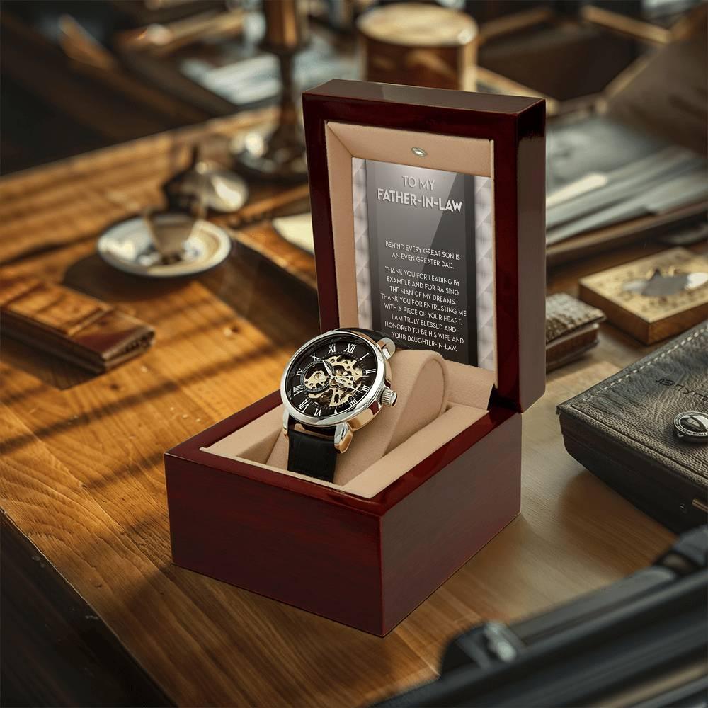 To My Father-in-Law Behind every Great Son is an Even Greater Dad Men's Openwork Watch with Gift Box