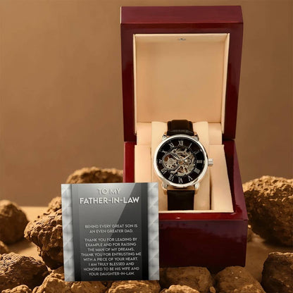 To My Father-in-Law Behind every Great Son is an Even Greater Dad Men's Openwork Watch with Gift Box