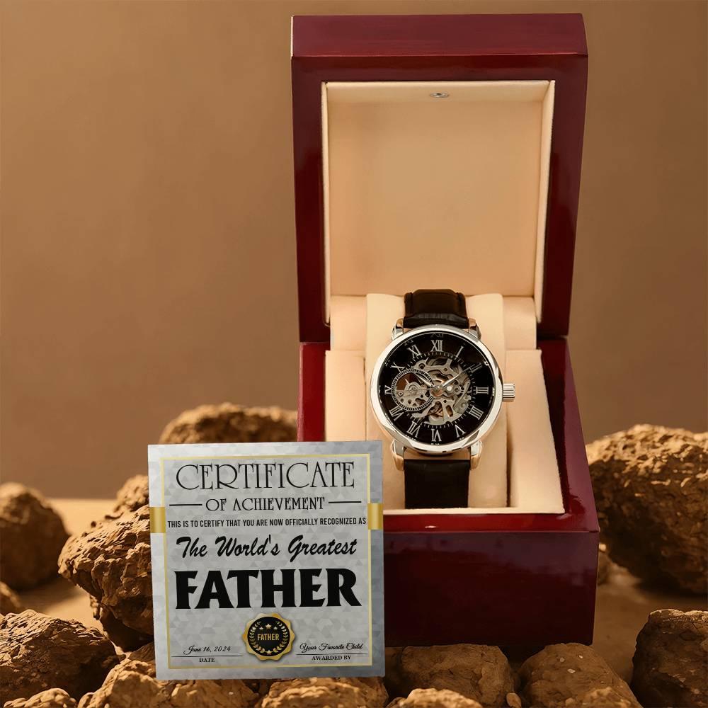 Dad Certificate of Achievement for the World's Greatest Father Men's Openwork Watch with Gift Box