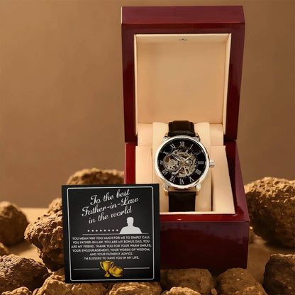 To the Best Father-In-Law My Bonus Dad, My Best Friend Men's Openwork Watch with Gift Box