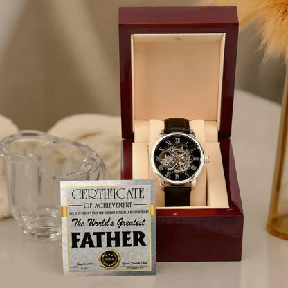 Dad Certificate of Achievement for the World's Greatest Father Men's Openwork Watch with Gift Box