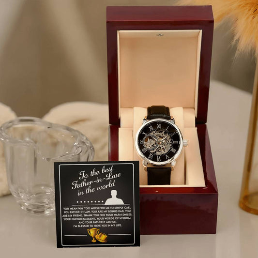 To the Best Father-In-Law My Bonus Dad, My Best Friend Men's Openwork Watch with Gift Box