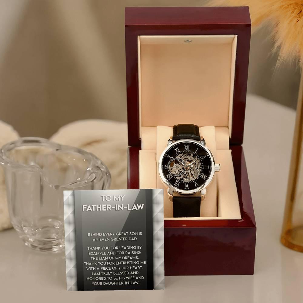 To My Father-in-Law Behind every Great Son is an Even Greater Dad Men's Openwork Watch with Gift Box