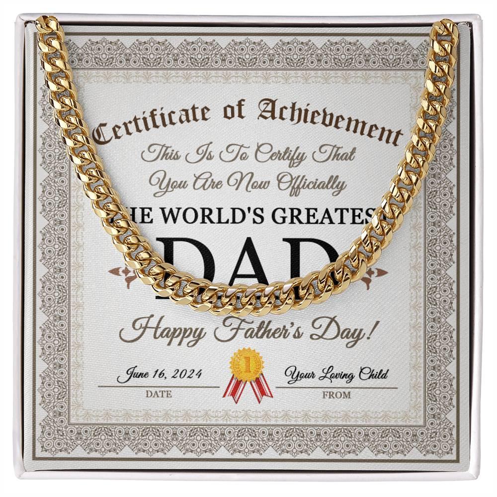 Dad Happy Father's Day Certificate of Achievement Cuban Chain Link Necklace with Gift Box