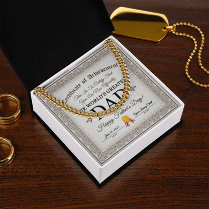 Dad Happy Father's Day Certificate of Achievement Cuban Chain Link Necklace with Gift Box