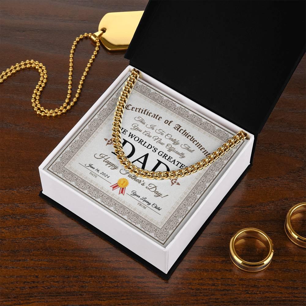 Dad Happy Father's Day Certificate of Achievement Cuban Chain Link Necklace with Gift Box