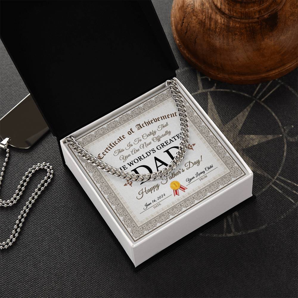 Dad Happy Father's Day Certificate of Achievement Cuban Chain Link Necklace with Gift Box