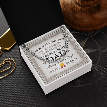 Dad Happy Father's Day Certificate of Achievement Cuban Chain Link Necklace with Gift Box