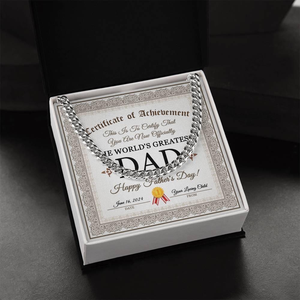 Dad Happy Father's Day Certificate of Achievement Cuban Chain Link Necklace with Gift Box