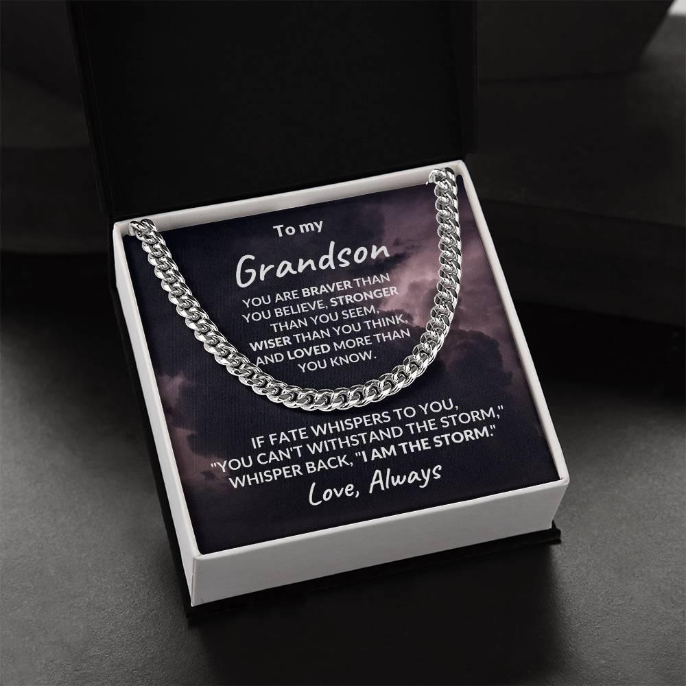 Grandson Jewelry Whisper Back "I Am The Storm" Graduation Birthday Holiday Personalized Cuban Chain Link Necklace With  Gift Box