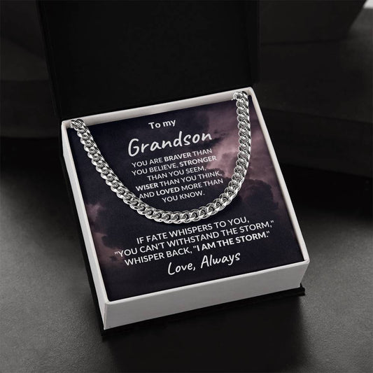 Grandson Jewelry Whisper Back "I Am The Storm" Graduation Birthday Holiday Personalized Cuban Chain Link Necklace With  Gift Box