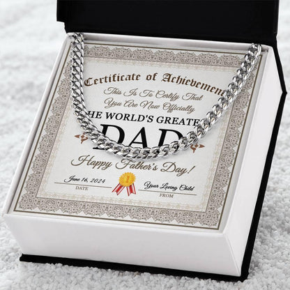 Dad Happy Father's Day Certificate of Achievement Cuban Chain Link Necklace with Gift Box