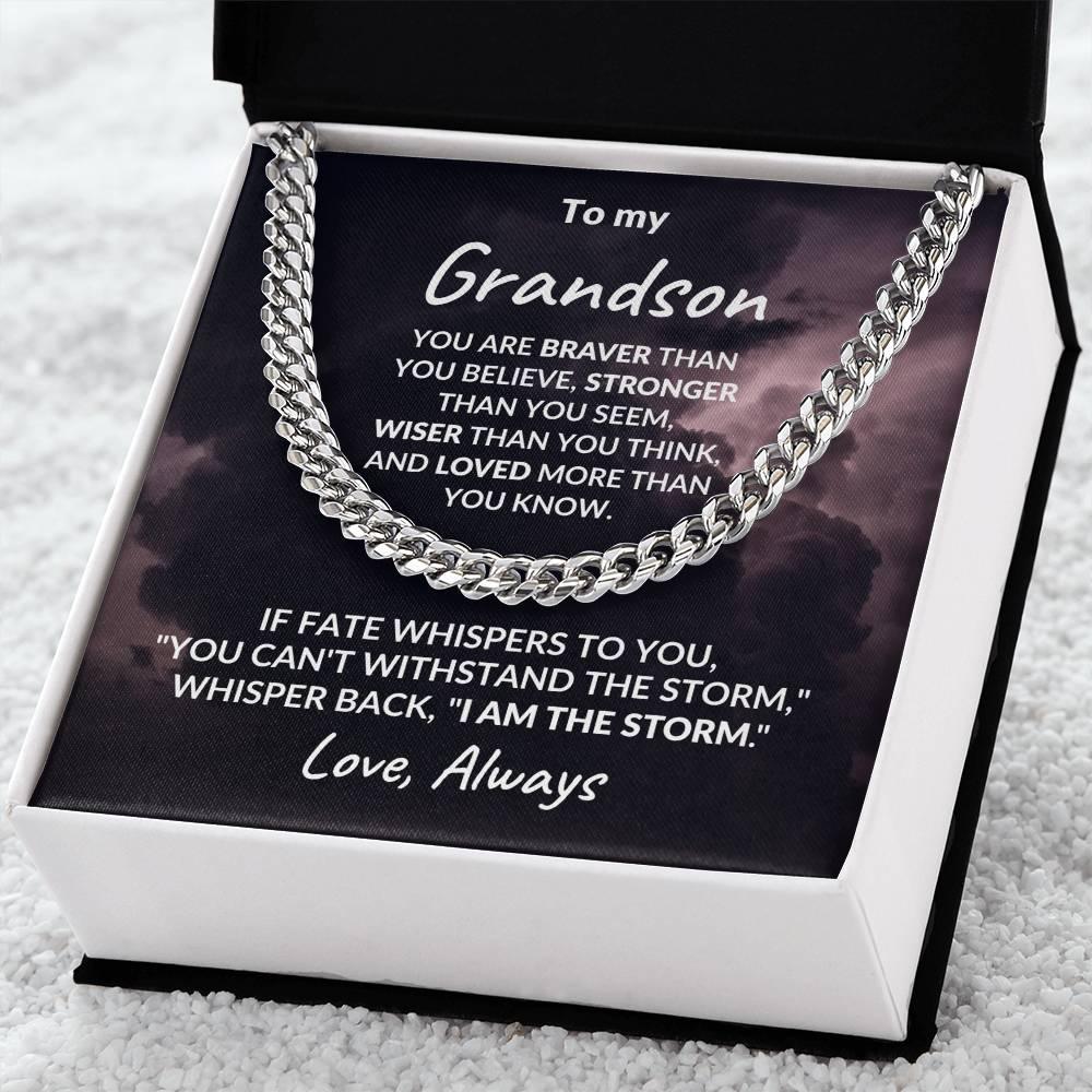 Grandson Jewelry Whisper Back "I Am The Storm" Graduation Birthday Holiday Personalized Cuban Chain Link Necklace With  Gift Box