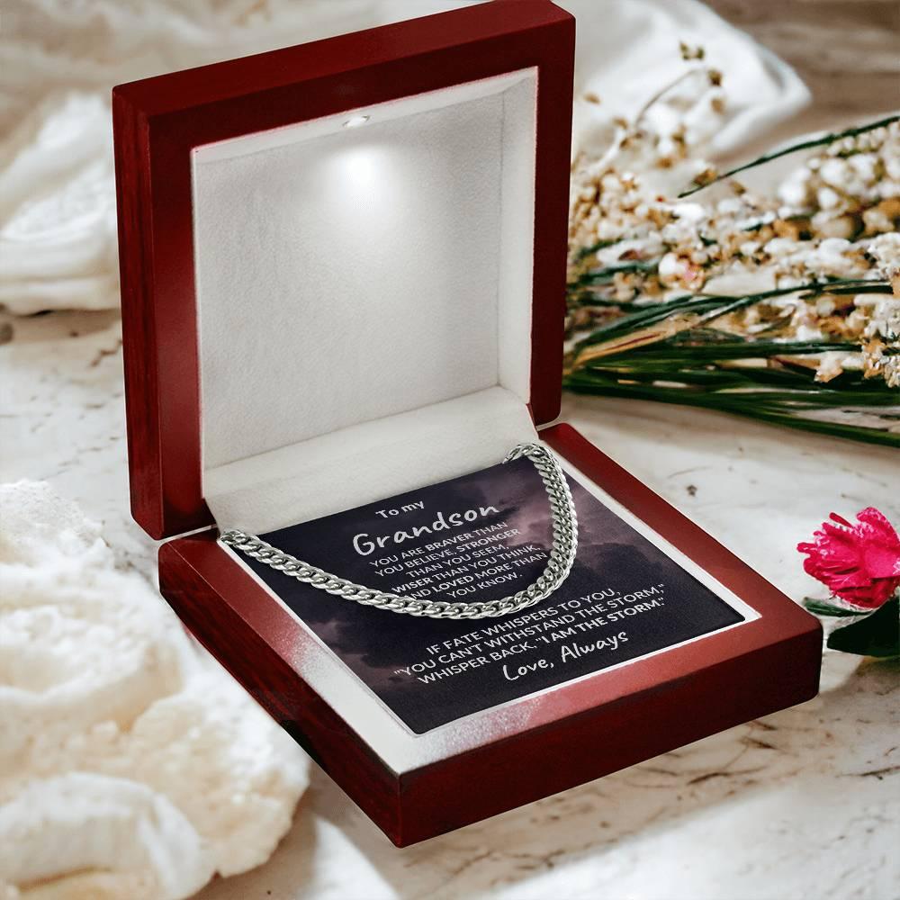 Grandson Jewelry Whisper Back "I Am The Storm" Graduation Birthday Holiday Personalized Cuban Chain Link Necklace With  Gift Box