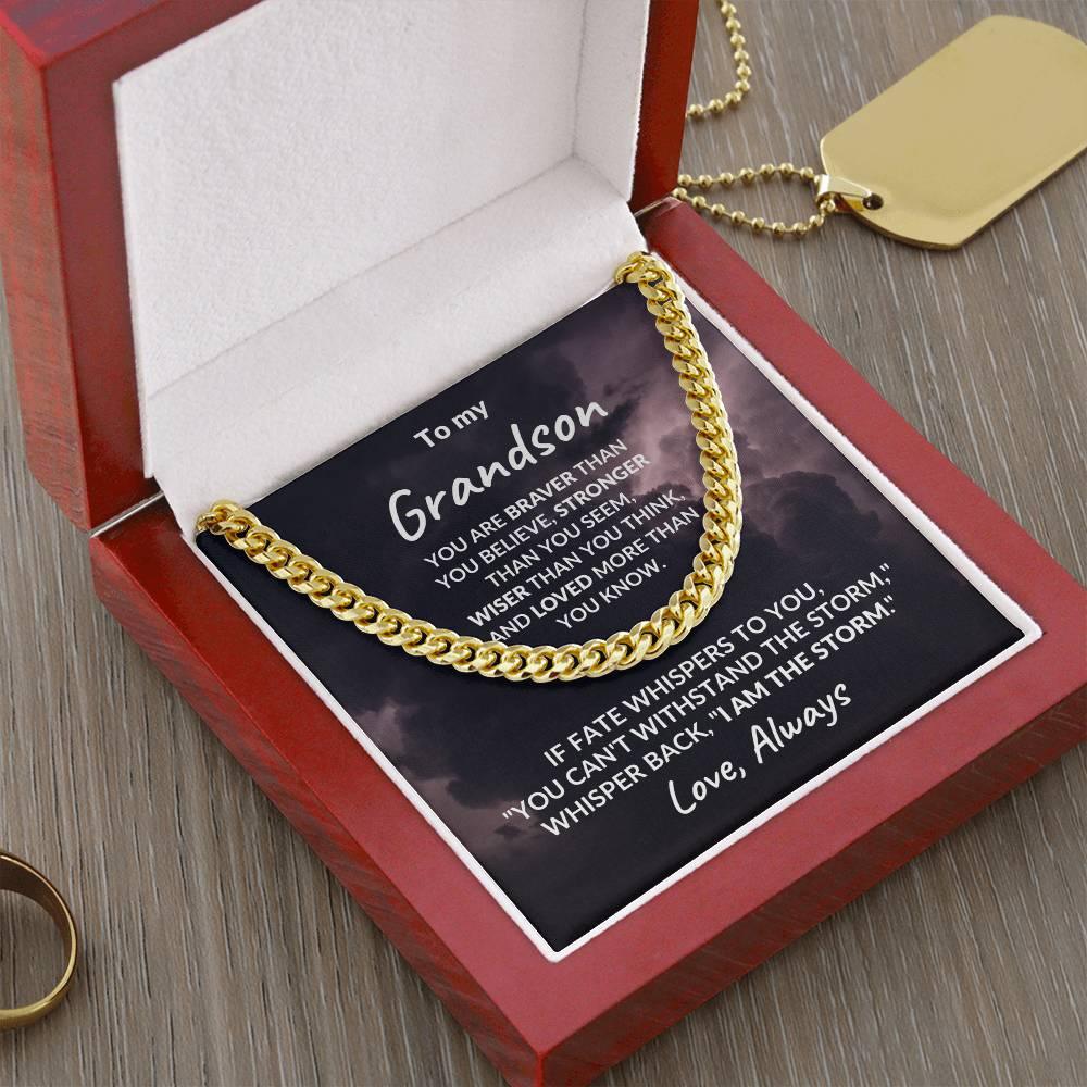 Grandson Jewelry Whisper Back "I Am The Storm" Graduation Birthday Holiday Personalized Cuban Chain Link Necklace With  Gift Box