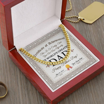 Dad Happy Father's Day Certificate of Achievement Cuban Chain Link Necklace with Gift Box