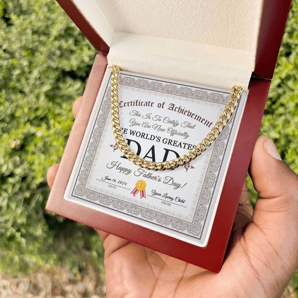 Dad Happy Father's Day Certificate of Achievement Cuban Chain Link Necklace with Gift Box