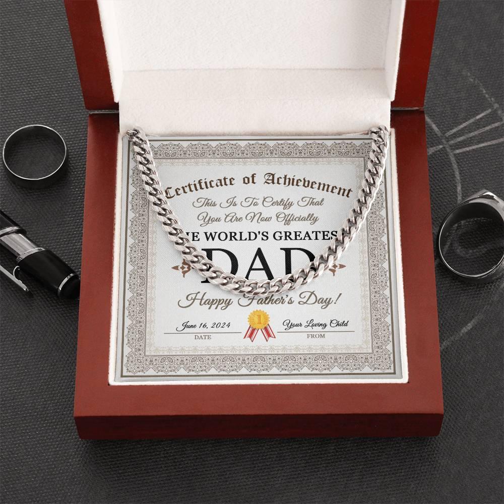 Dad Happy Father's Day Certificate of Achievement Cuban Chain Link Necklace with Gift Box