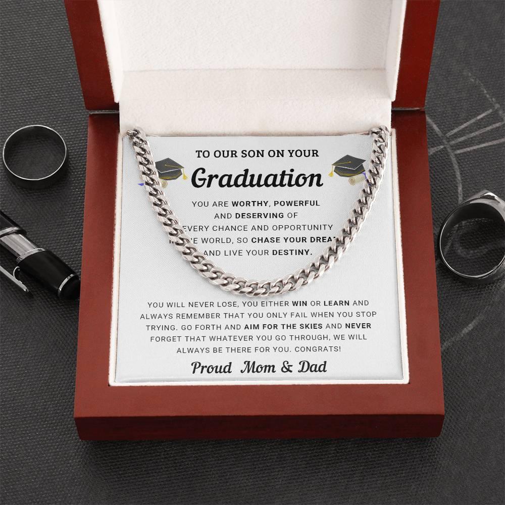 Graduation Gift for Son From Mom and Dad - Chase Your Dreams and Live Your Destiny - Cuban Chain Link Necklace